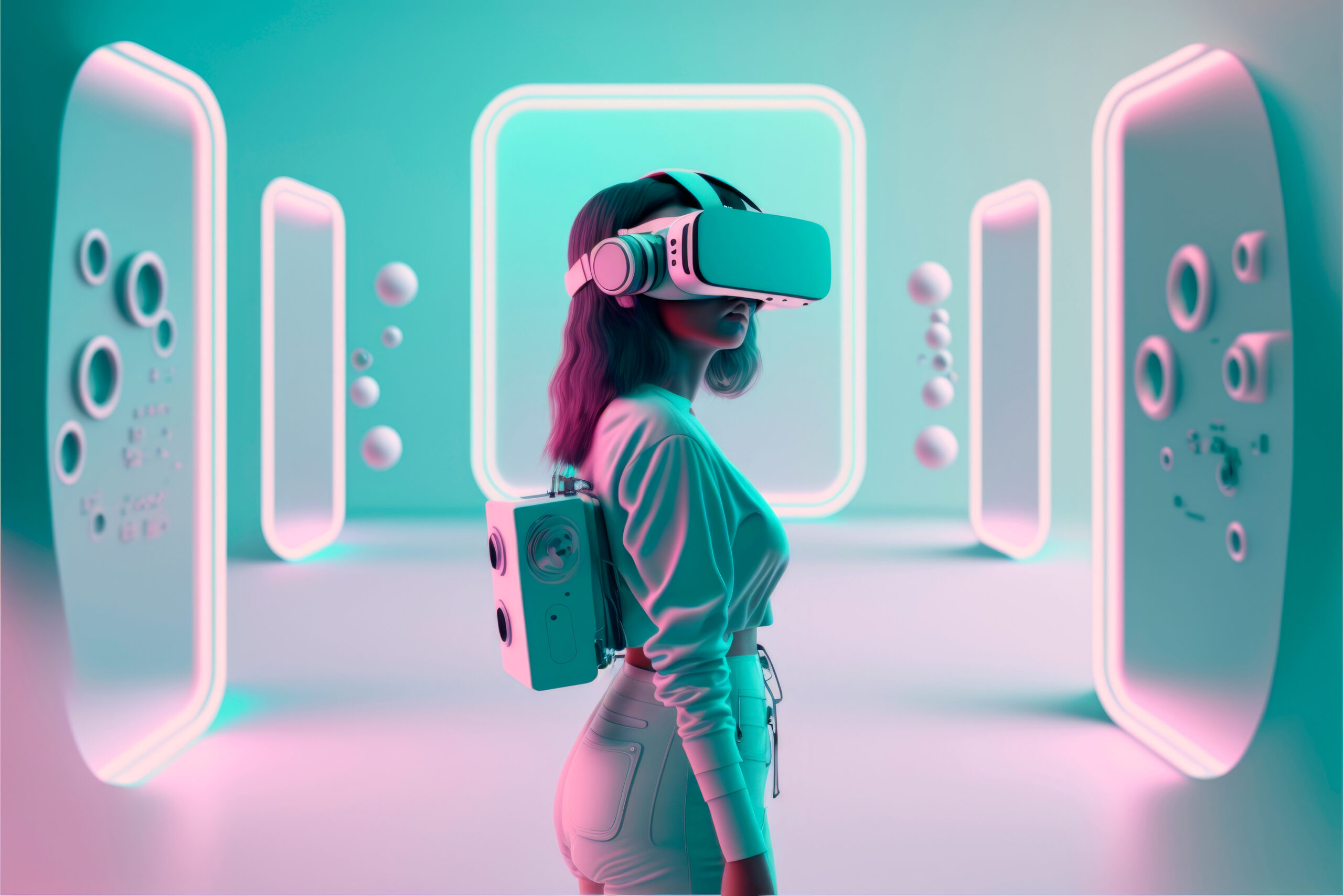 Young woman with VR headset in futuristic room iexploring the metaverse. minimal and clean in pastel tones. virtual world. Illustration. Generative AI